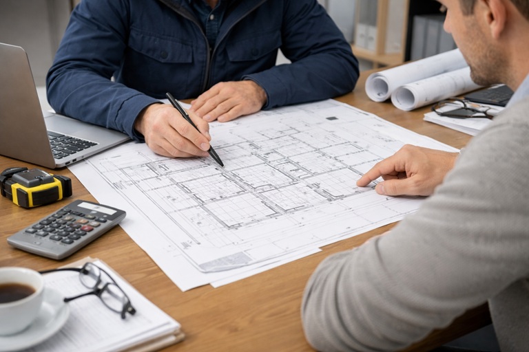 Byggplansgjennomgang med profesjonelle kolleger
